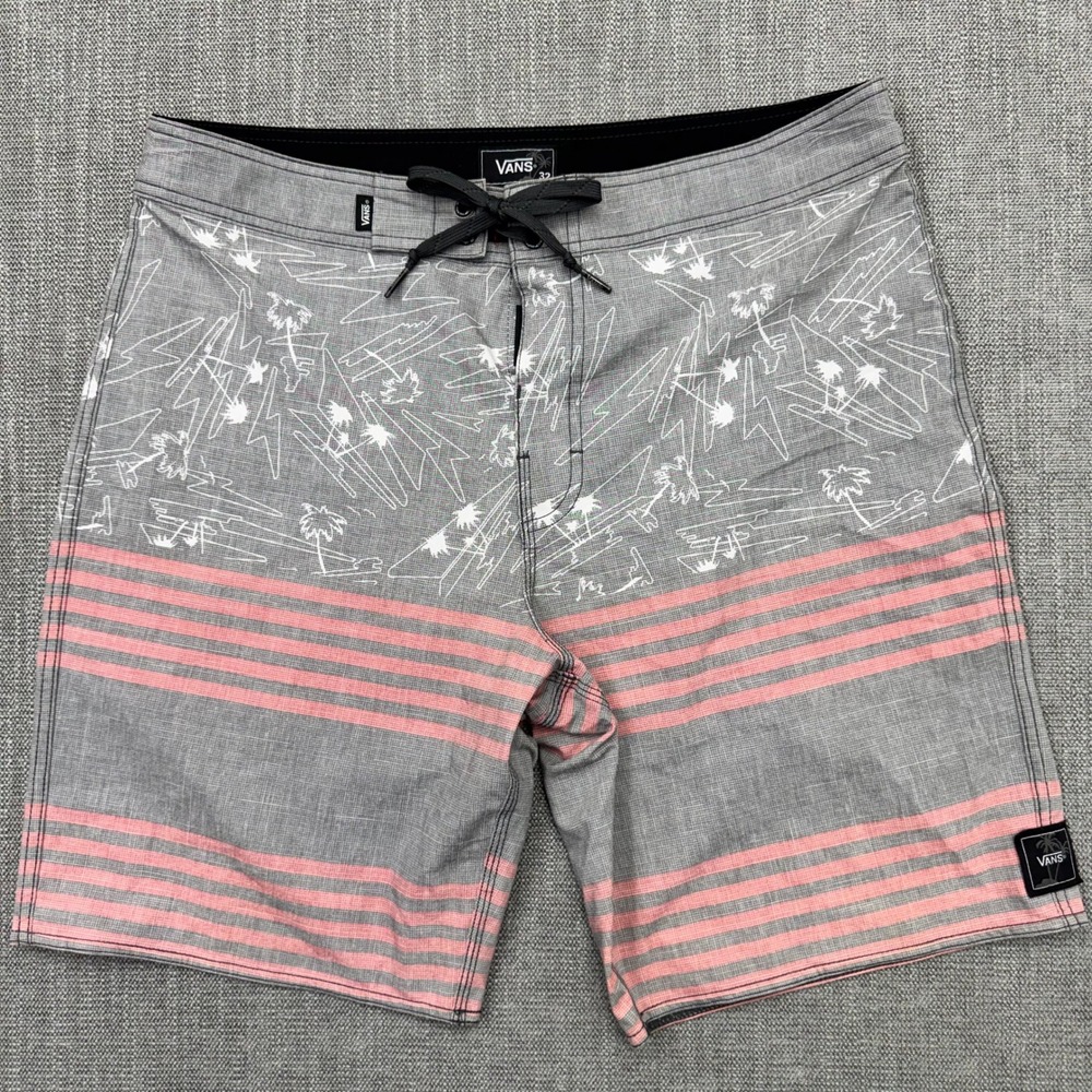 Vans Mens Board Shorts Size 32 Gray Pink Stripe Palm Surf Swim Trunks 2018